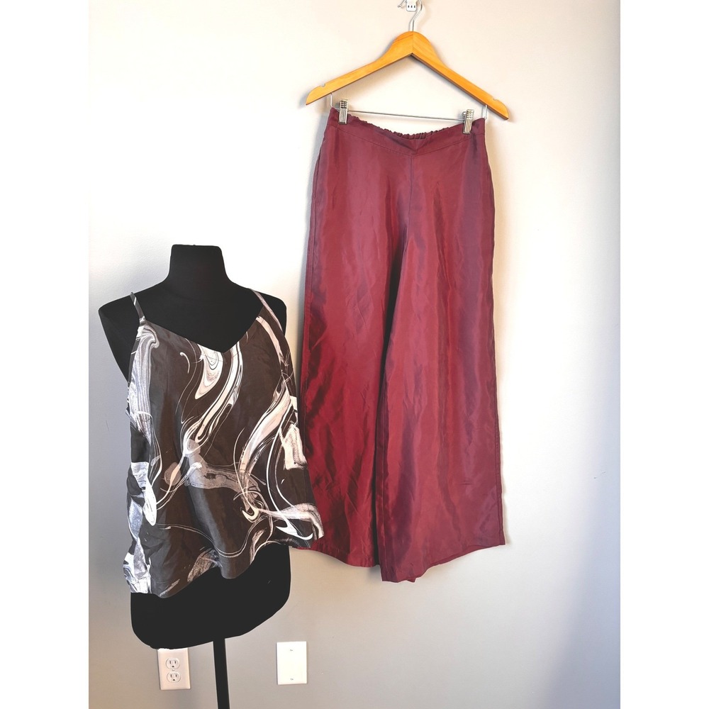 Athleta Burgundy Satin Pajama Pants with Black & White Swirl Cami